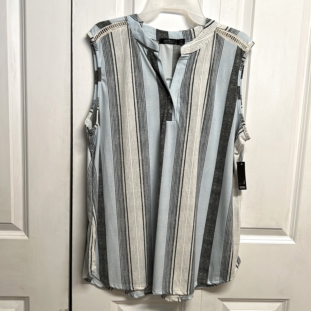 Cure Blue Black Gray Stripe Sleeveless V Neck Rayon Stretch Top Size 2XL NWT